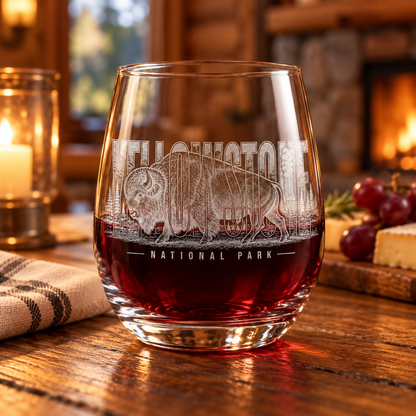 Yellowstone National Park Bison Stemless Wine Glass — lifestyle photo with red wine.