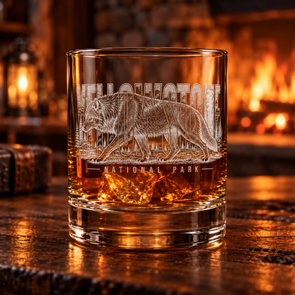 Yellowstone National Park Wolf Rocks Glass — lifestyle photo with whiskey at a lodge.