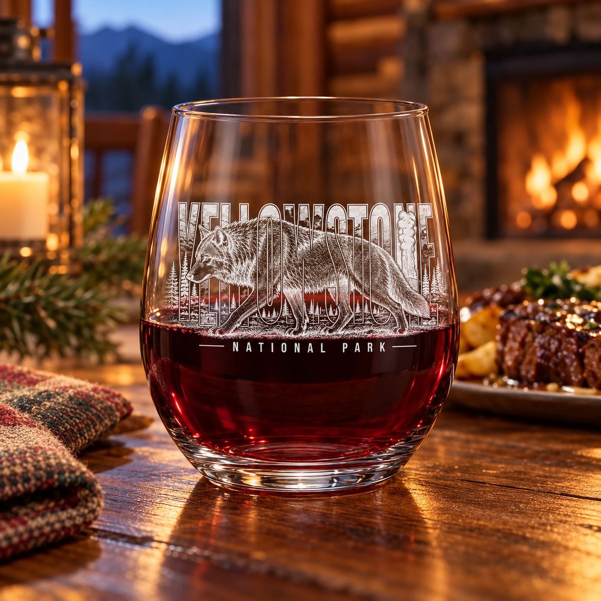 Yellowstone National Park Wolf Stemless Wine Glass — lifestyle photo with red wine.