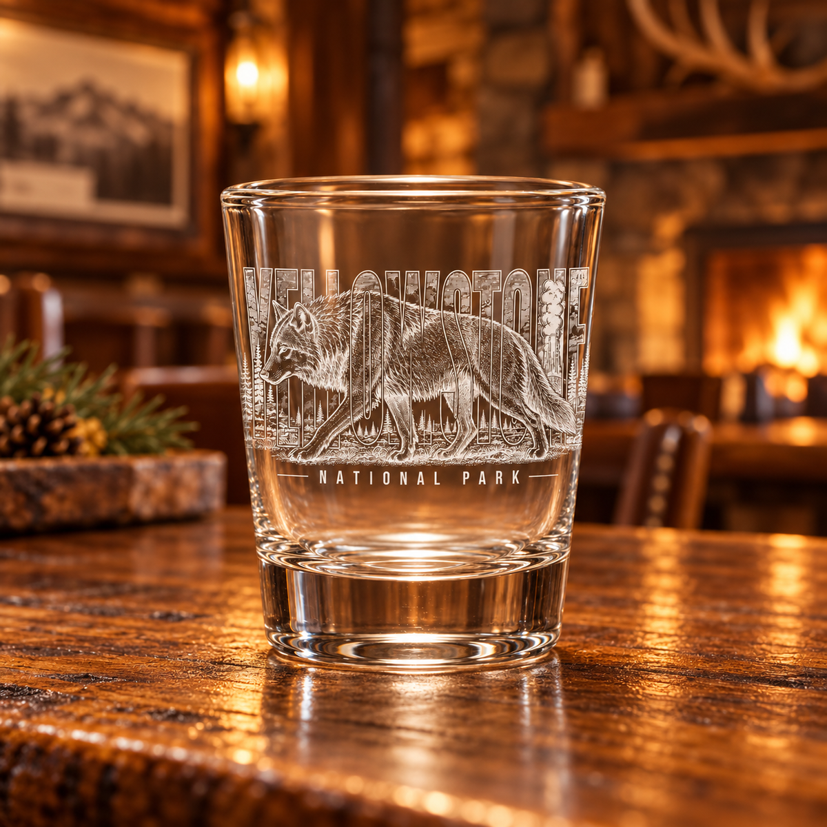 Yellowstone National Park Wolf Shot Glass — lifestyle photo on a lodge bar.
