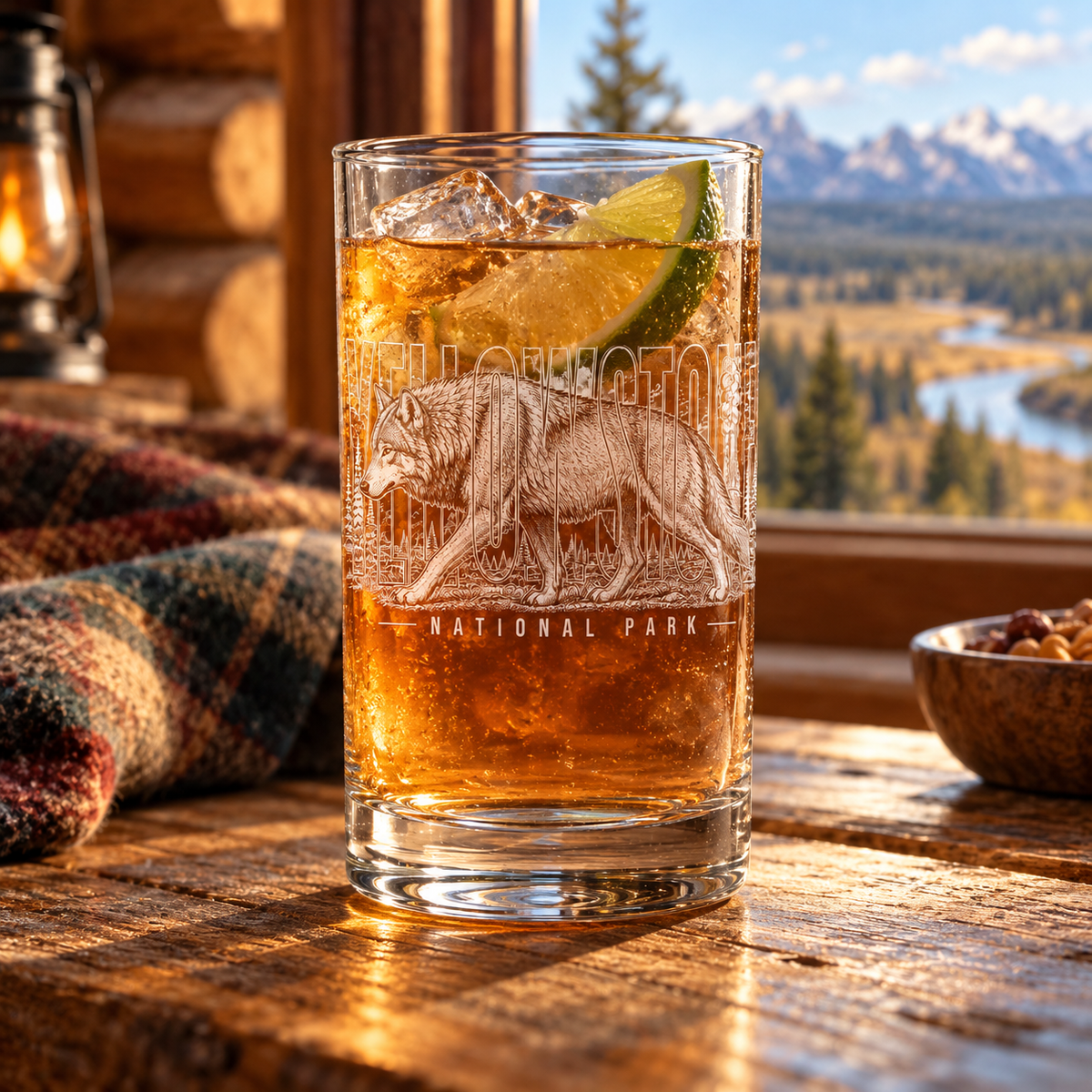 Yellowstone National Park Wolf Highball Glass — lifestyle photo with an iced drink.