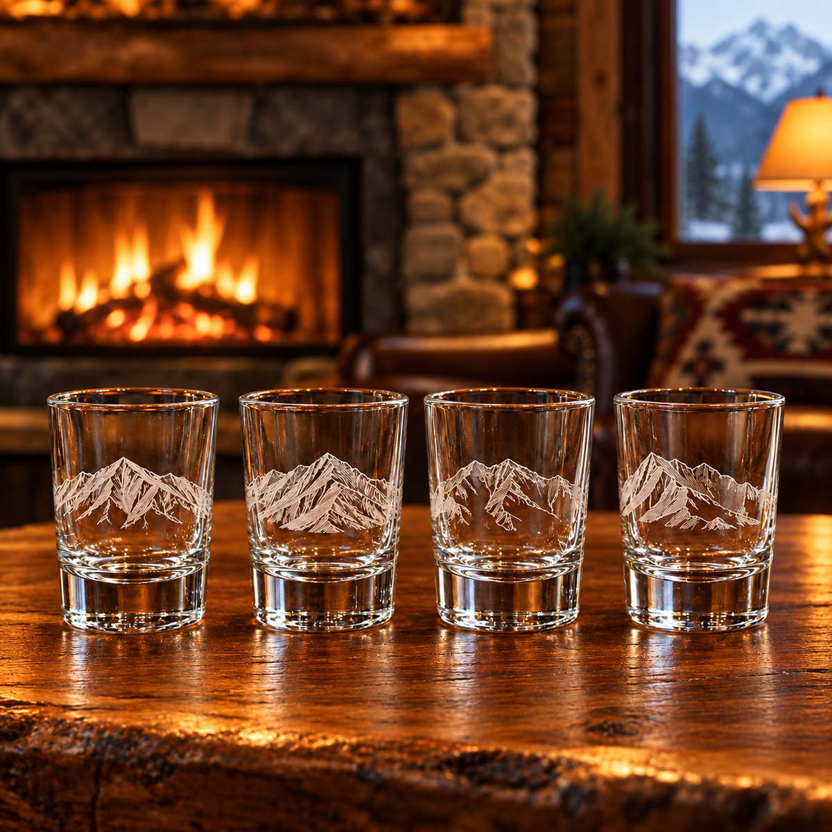 Big Sky engraved four-piece shot glass set — lifestyle photo on a lodge bar.
