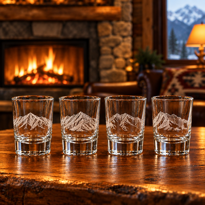Big Sky engraved four-piece shot glass set — lifestyle photo on a lodge bar.