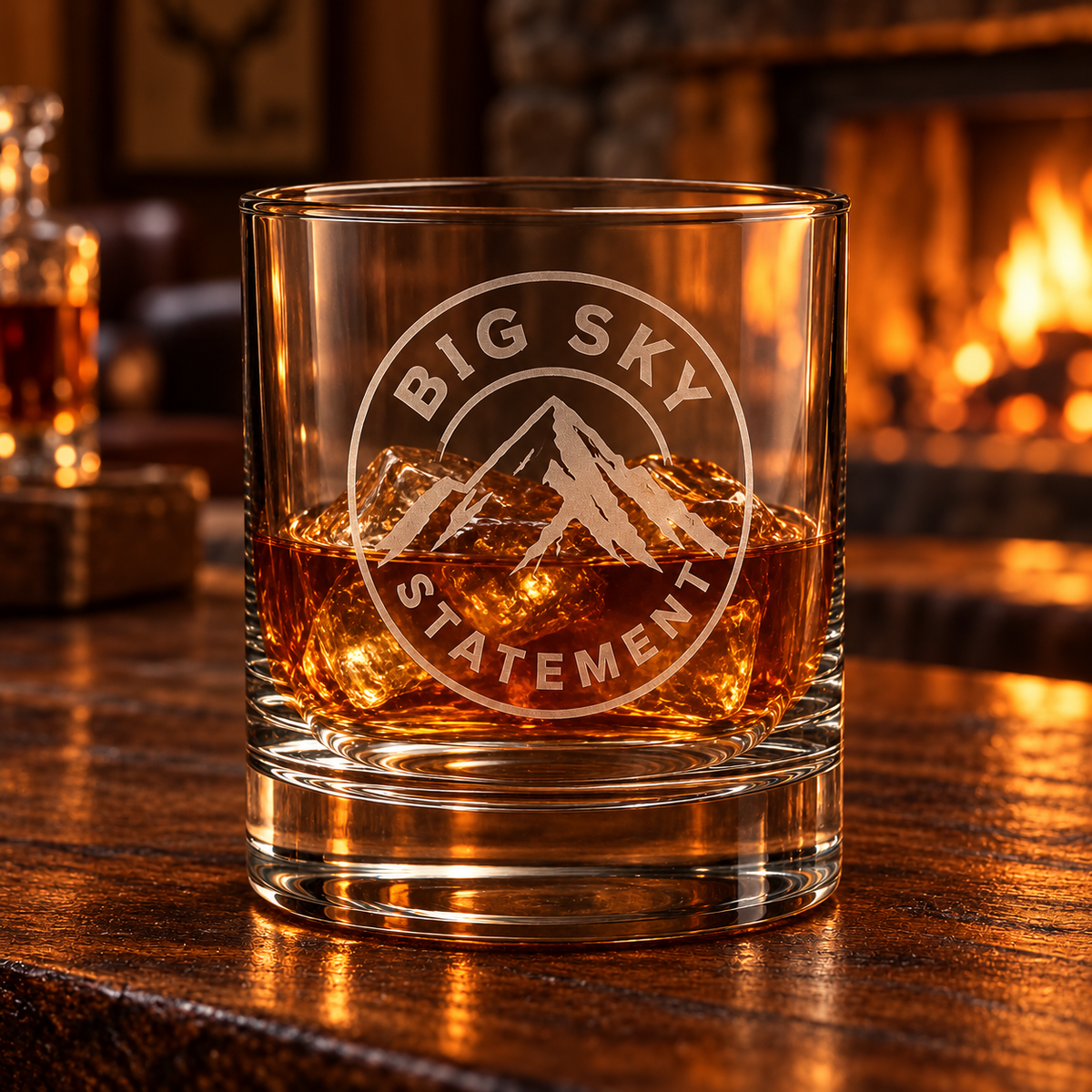 Big Sky Statement Rocks Glass — whiskey served in a lodge bar.