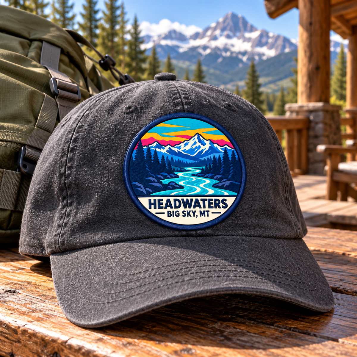 Headwaters Big Sky UV-printed round patch on cap