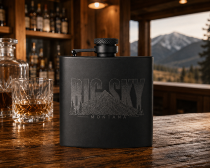 Big Sky Heritage flask at a Big Sky lodge bar