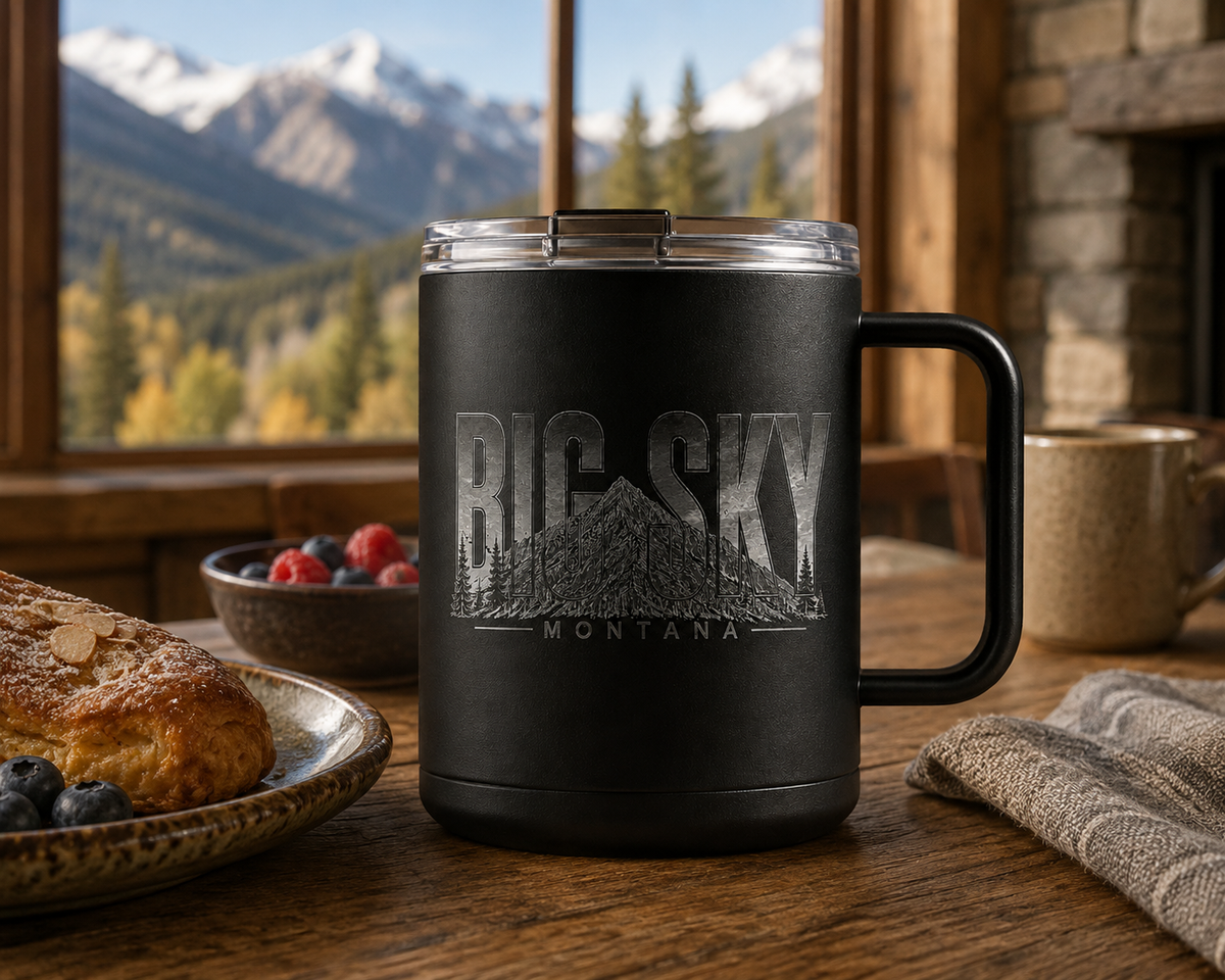 Big Sky Heritage insulated mug at a Big Sky lodge