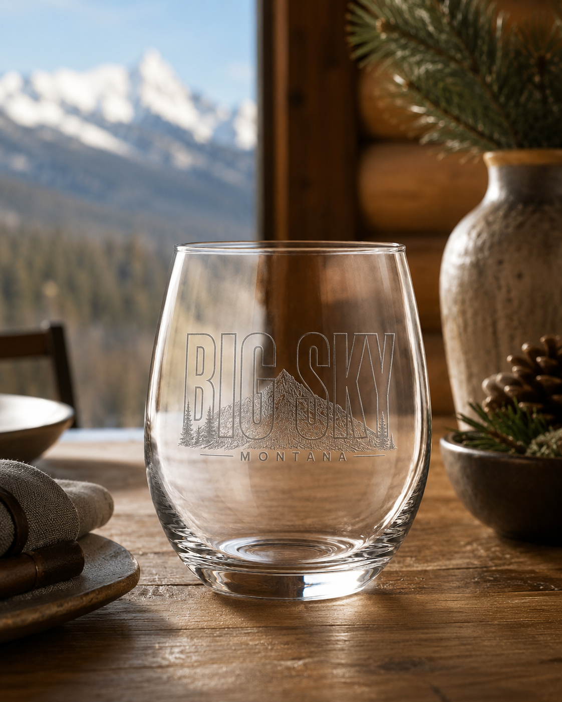 Big Sky Heritage stemless wine glass at a Big Sky lodge