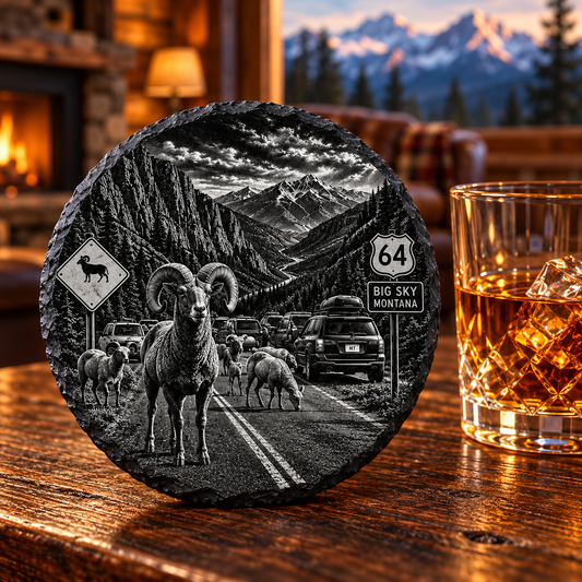 AI-generated product photo of the Highway 64 Bighorn Sheep Encounter 4-inch round engraved slate coaster on a Montana lodge bar
