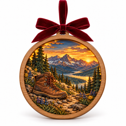 Big Sky Montana — Hiking Boot light-up ornament in the original simple natural-wood frame with burgundy bow