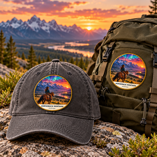 Horseback Montana Patch - Fusion patch shown on a cap and hiking backpack