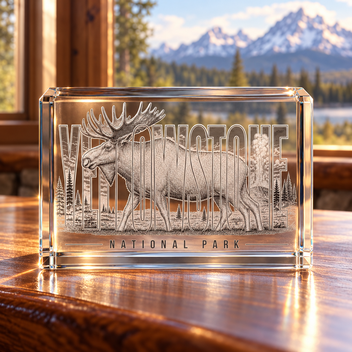 Yellowstone Moose K9 Crystal Paperweight — lodge desk lifestyle
