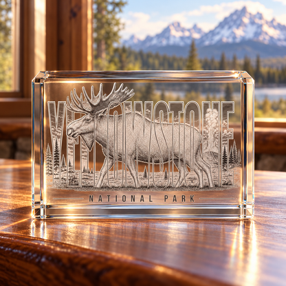 Yellowstone Moose K9 Crystal Paperweight — lodge desk lifestyle