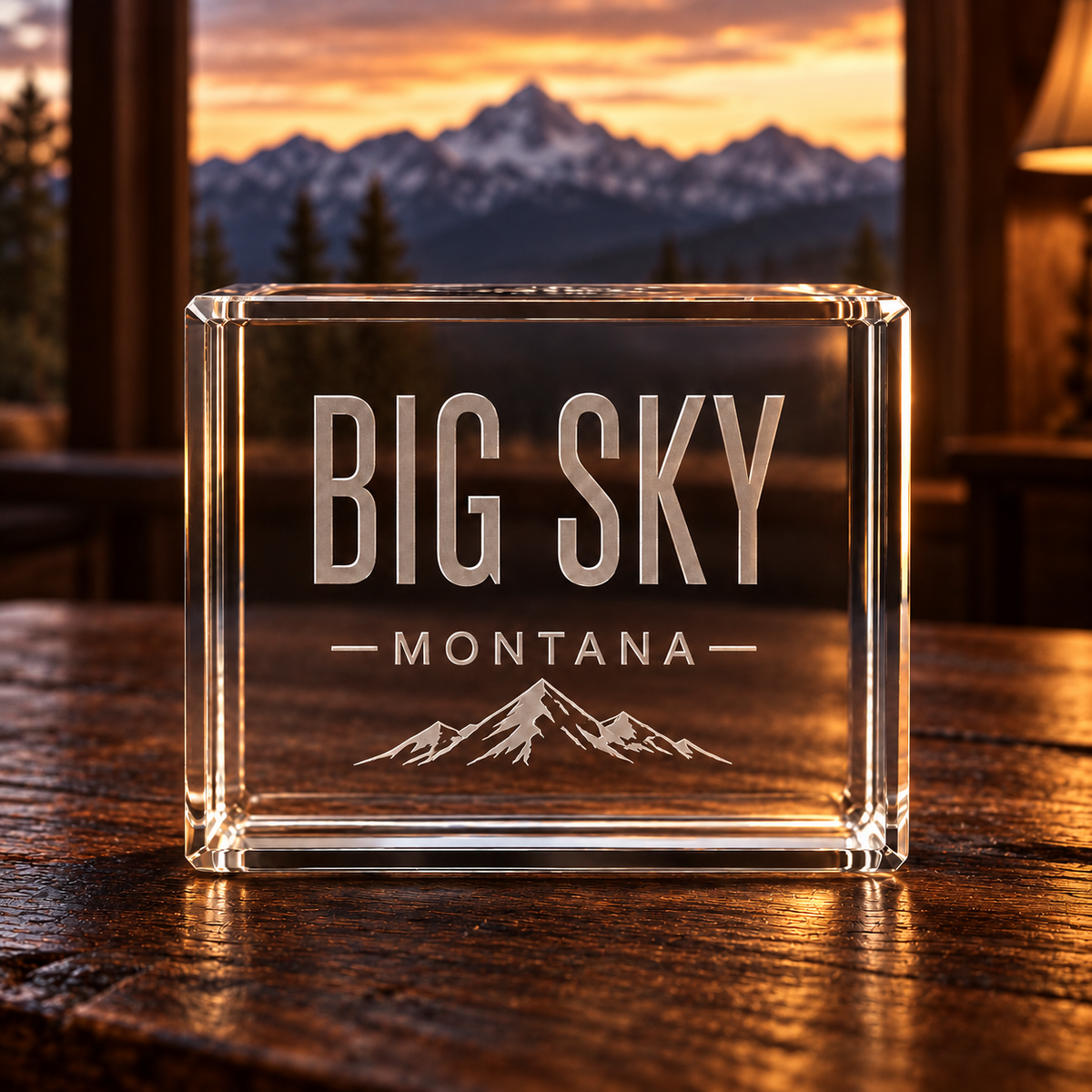 Big Sky Shadow K9 Crystal Paperweight — Montana lodge desk lifestyle