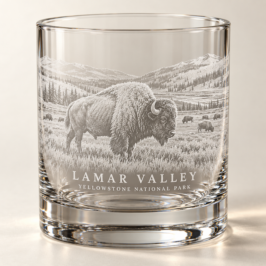 Lamar Valley Bison engraved rocks glass — product mockup