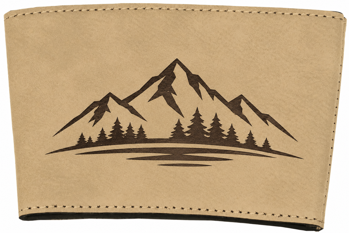 Tan laserable leatherette mug sleeve engraved with Summit Line mountain artwork