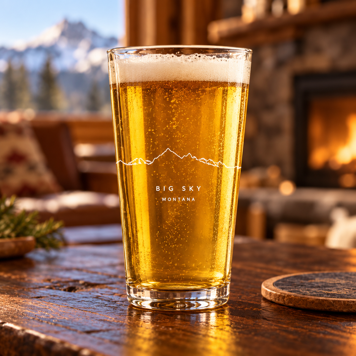 Lone Peak One Line Beer Pint — lifestyle photo with golden beer at a lodge.