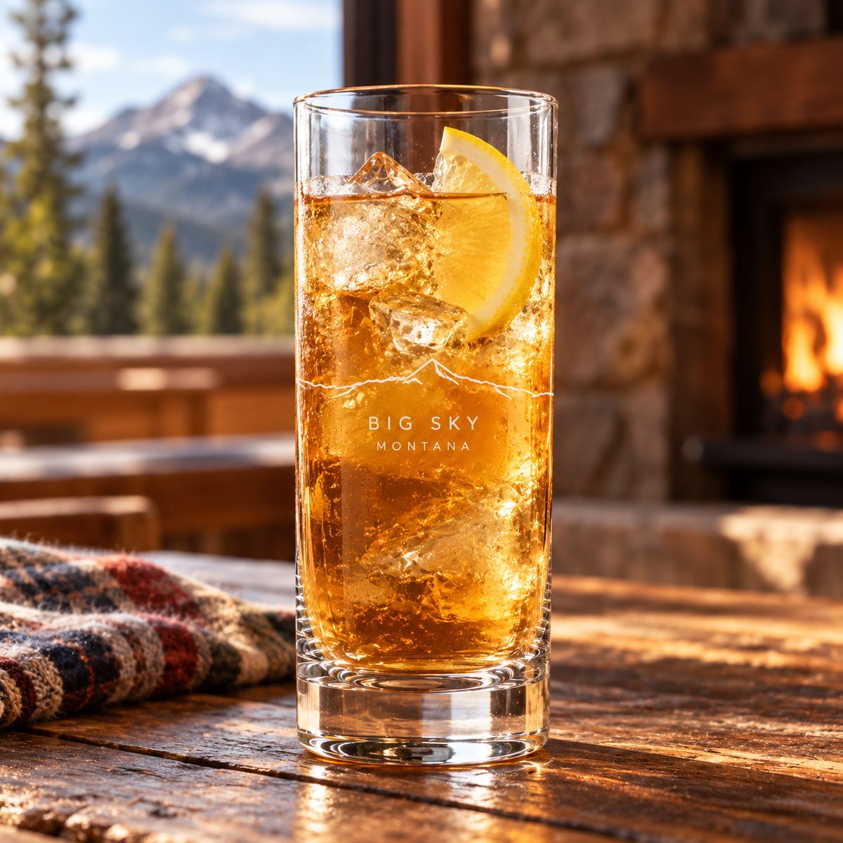 Lone Peak One Line Highball Glass — lifestyle photo with an iced drink.