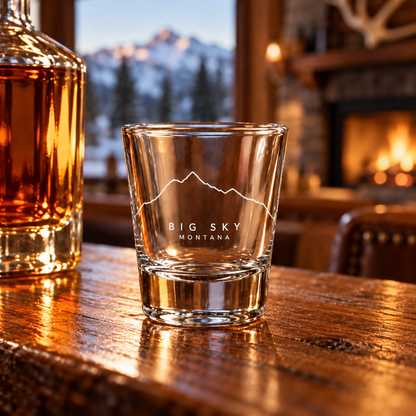 Lone Peak One Line Shot Glass — lifestyle photo on a lodge bar.