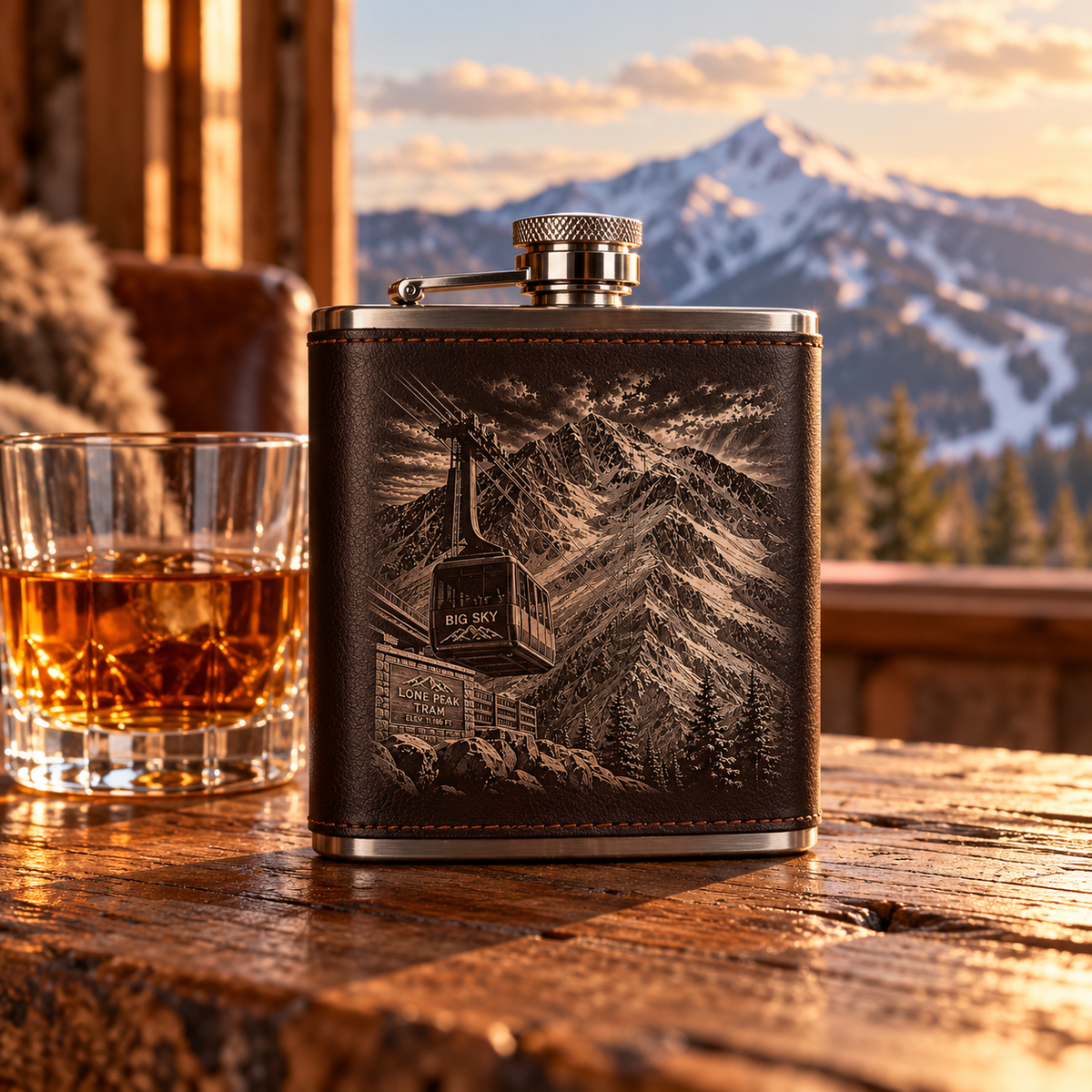 Lone Peak Tram engraved leather flask styled on a cabin table with whiskey