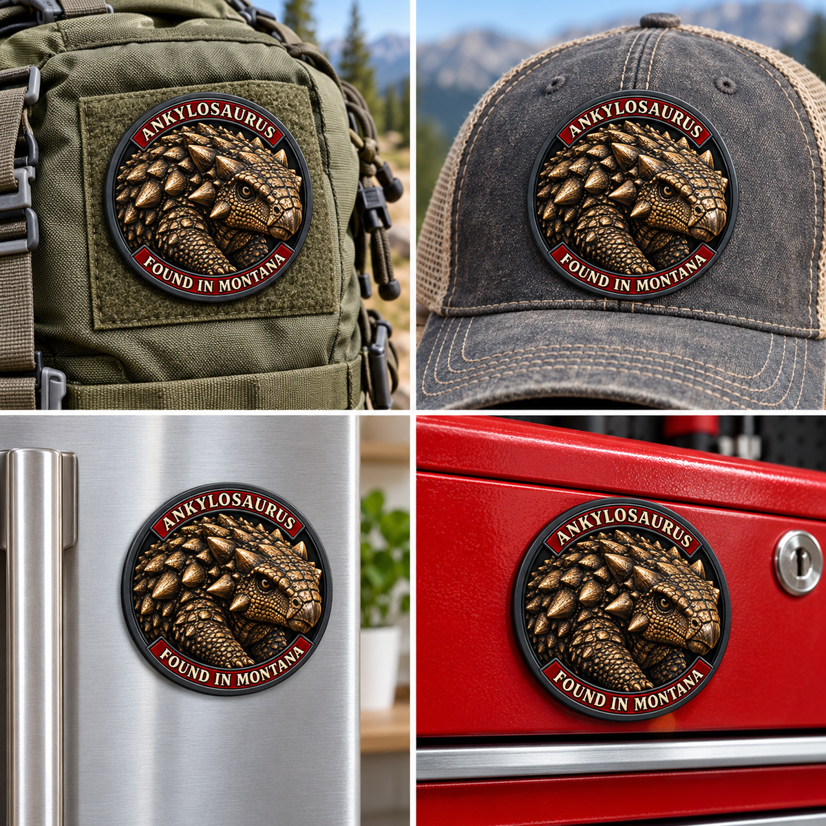 Montana Dinosaur Adventure — Ankylosaurus 1 mm Collector: collectible patch on a backpack and cap, and magnet on a refrigerator and toolbox.