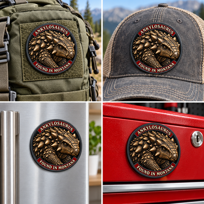Montana Dinosaur Adventure — Ankylosaurus 1 mm Collector: collectible patch on a backpack and cap, and magnet on a refrigerator and toolbox.