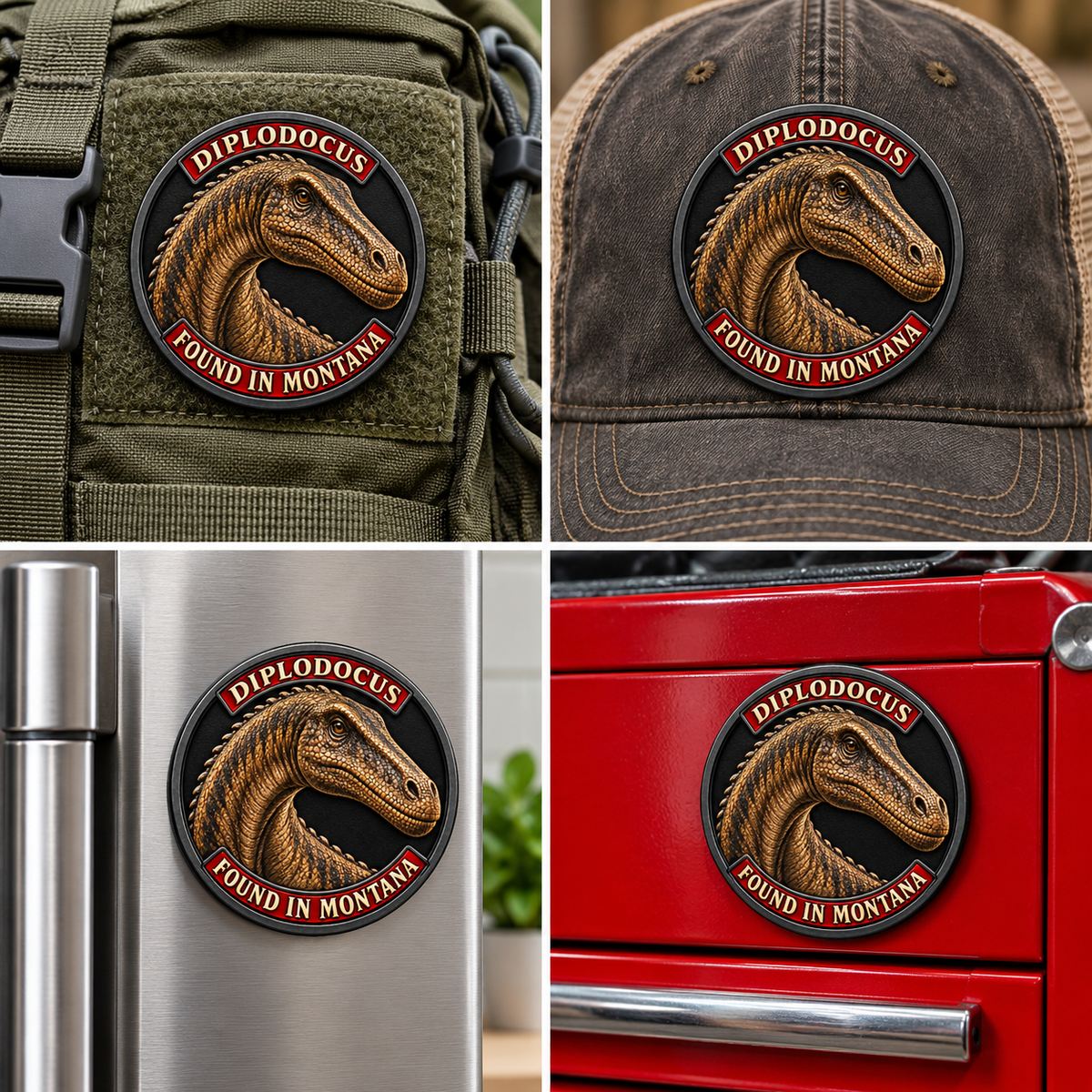 Montana Dinosaur Adventure — Diplodocus 1 mm Collector: collectible patch on a backpack and cap, and magnet on a refrigerator and toolbox.