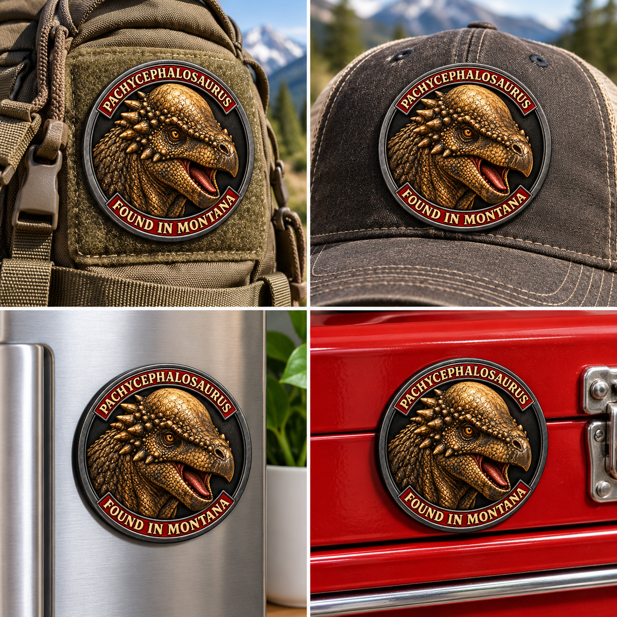 Montana Dinosaur Adventure — Pachycephalosaurus 1 mm Collector: collectible patch on a backpack and cap, and magnet on a refrigerator and toolbox.