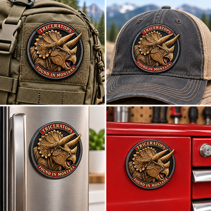 Montana Dinosaur Adventure — Triceratops 1 mm Collector: patch on hiking backpack and cap, magnet on refrigerator and toolbox.