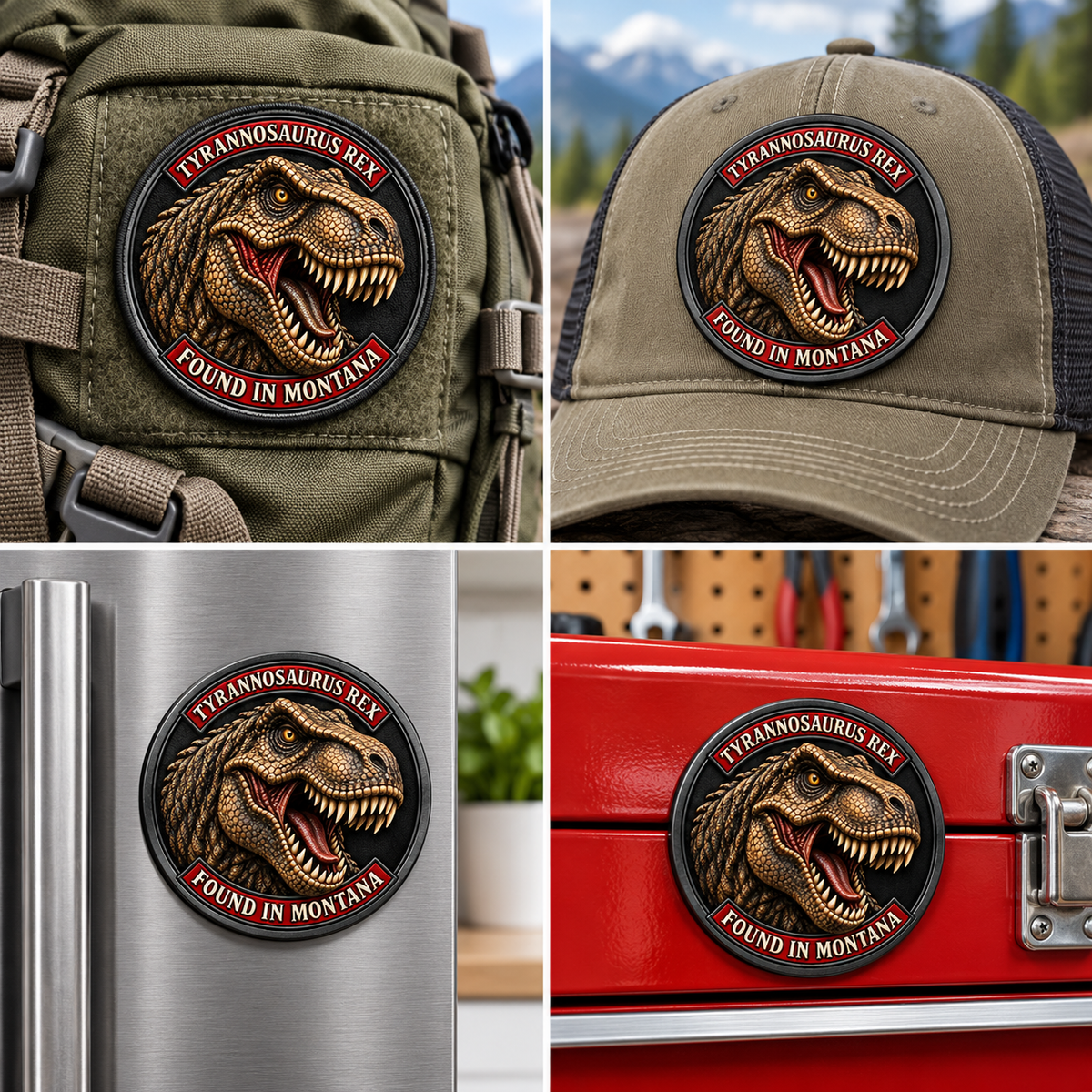 Montana Dinosaur Adventure — Tyrannosaurus Rex 1 mm Collector: patch on hiking backpack and cap, magnet on refrigerator and toolbox.