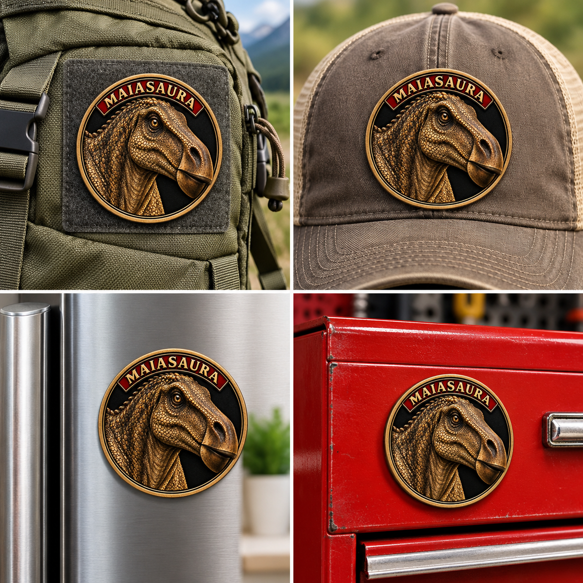 Montana Dinosaur Adventure Maiasaura collector patch on a backpack and cap, and magnet on a refrigerator and toolbox.