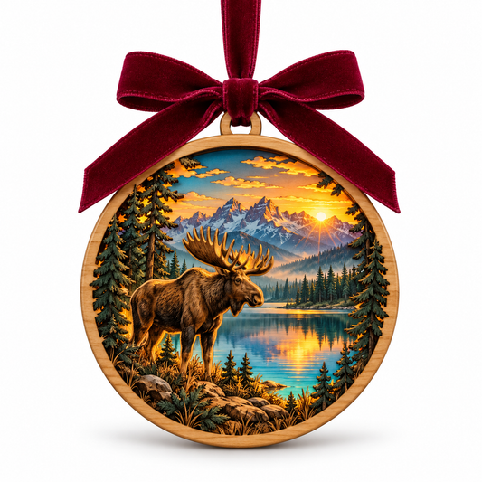 Big Sky Montana — Moose light-up ornament in the original simple natural-wood frame with burgundy bow