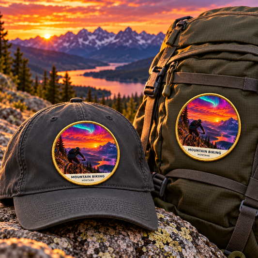 Mountain Biking Montana Patch - Fusion patch shown on a cap and hiking backpack
