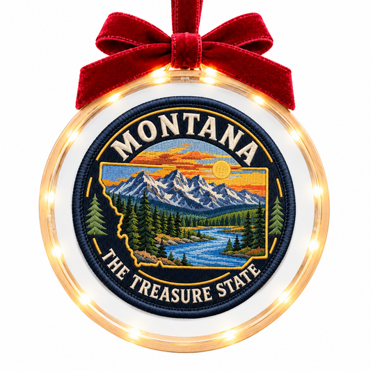 Montana State light-up ornament, approved clear acrylic disc with pale wood rim, LED edge and burgundy bow