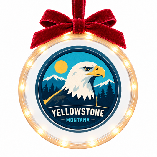 Yellowstone Bald Eagle light-up ornament, approved clear disc frame, LED edge and burgundy bow