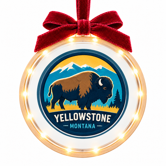 Yellowstone Bison light-up ornament, approved clear disc frame, LED edge and burgundy bow