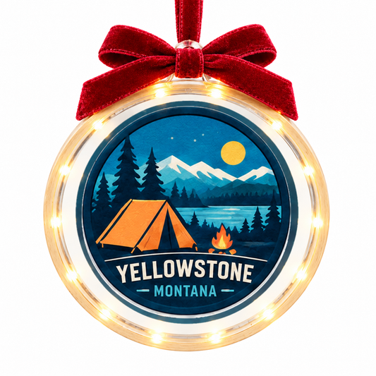 Yellowstone Camping light-up ornament, approved clear disc frame, LED edge and burgundy bow