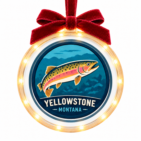 Yellowstone Cutthroat Trout light-up ornament, approved clear disc frame, LED edge and burgundy bow