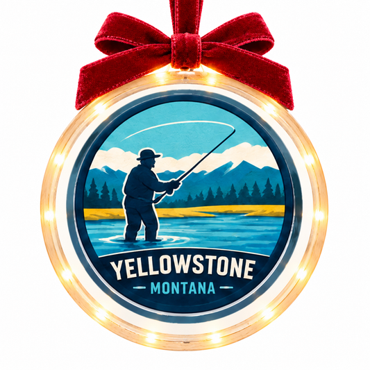 Yellowstone Fly Fisherman light-up ornament, approved clear disc frame, LED edge and burgundy bow