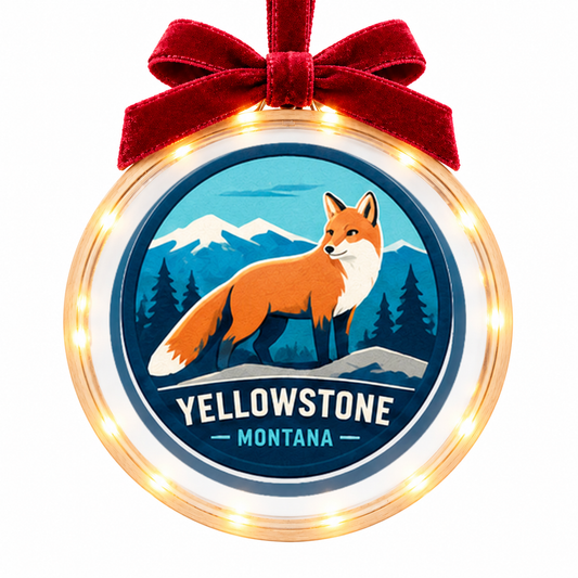 Yellowstone Fox light-up ornament, approved clear disc frame, LED edge and burgundy bow
