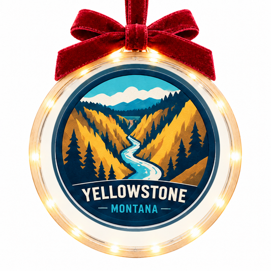Yellowstone Grand Canyon light-up ornament, approved clear disc frame, LED edge and burgundy bow