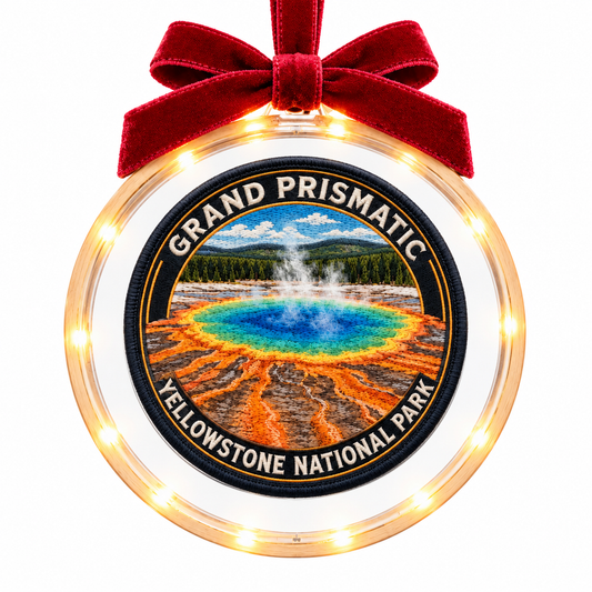 Yellowstone Grand Prismatic light-up ornament, approved clear disc frame, LED edge and burgundy bow