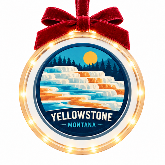Yellowstone Mammoth Hot Springs light-up ornament, approved clear disc frame, LED edge and burgundy bow