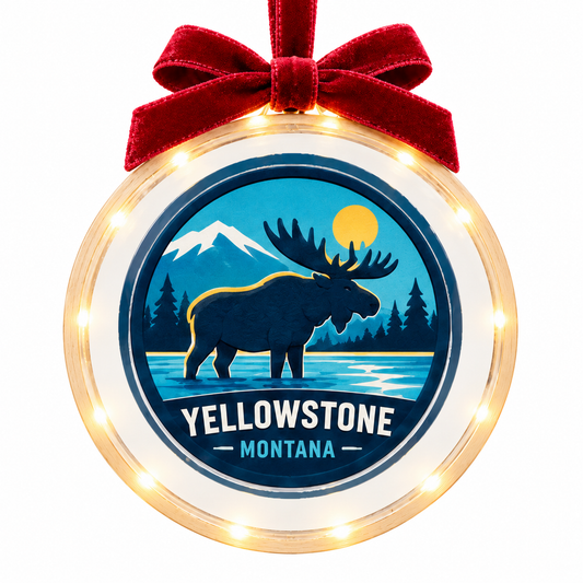 Yellowstone Moose light-up ornament, approved clear disc frame, LED edge and burgundy bow