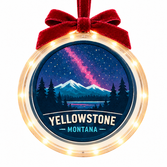 Yellowstone Night Sky light-up ornament, approved clear disc frame, LED edge and burgundy bow