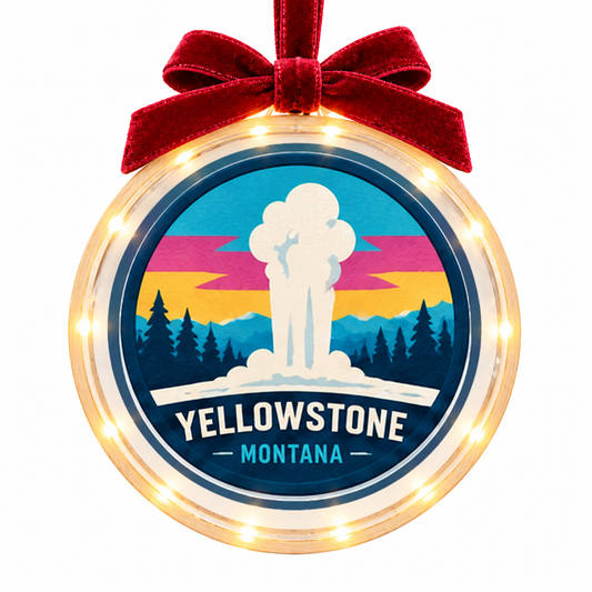 Yellowstone Old Faithful light-up ornament, approved clear disc frame, LED edge and burgundy bow