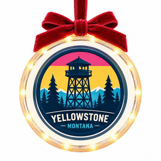 Yellowstone Ranger Tower light-up ornament, approved clear disc frame, LED edge and burgundy bow