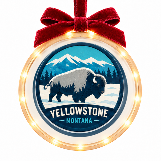 Yellowstone Winter Bison light-up ornament, approved clear disc frame, LED edge and burgundy bow