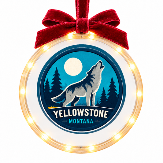 Yellowstone Wolf light-up ornament, approved clear disc frame, LED edge and burgundy bow