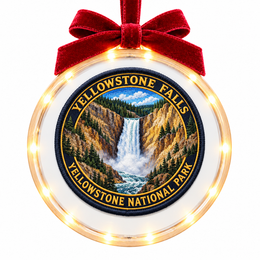 Yellowstone Yellowstone Falls light-up ornament, approved clear disc frame, LED edge and burgundy bow